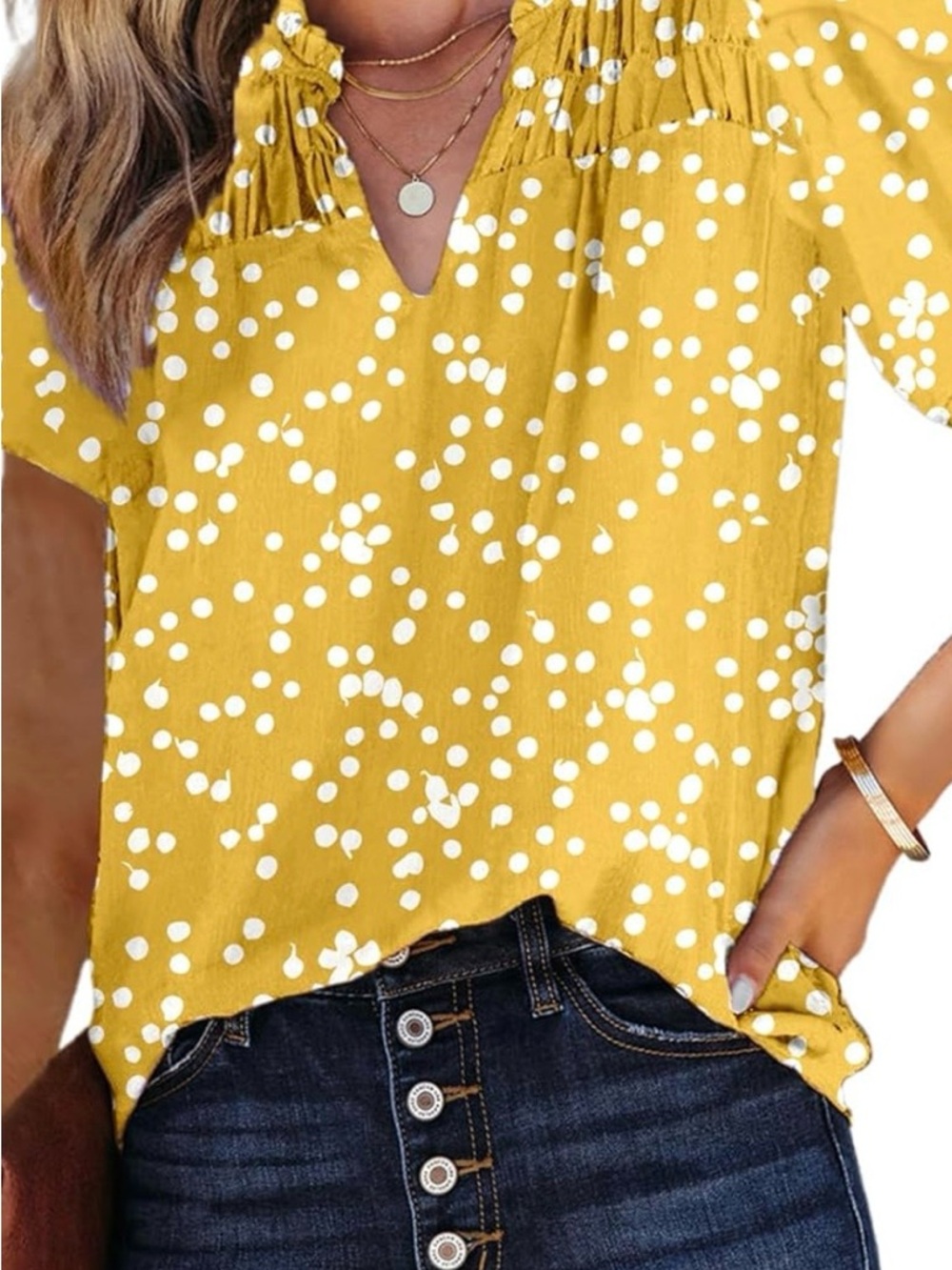 Smocked V-Neck Flutter Sleeve Blouse in Mustard Yellow